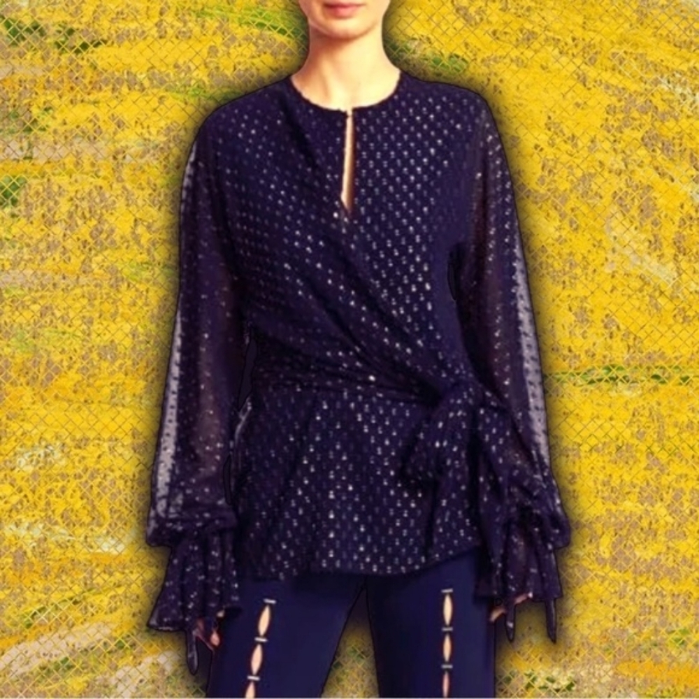 💘 Jonathan Simkhai Metallic Wrap Blouse in Midnight Blue XS ASO Sunny Hostin - Picture 5 of 10